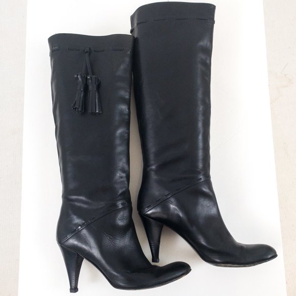 VTG Saks 9 Knee-high Leather Tassel Boots Black